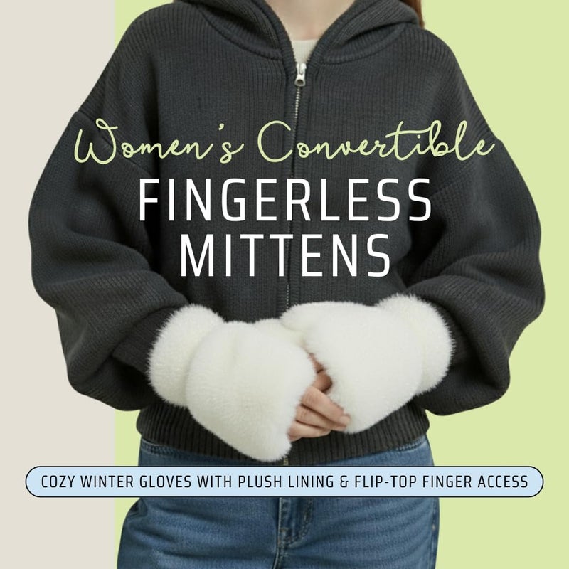 Funky Junque Faux Fur Flip Mittens Womens Warm Convertible Fingerless Gloves - Image 2